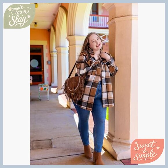 Plus Size Flannel Shacket Long Sleeve Button Down Blouse Casual Tops - Picture 2 of 6